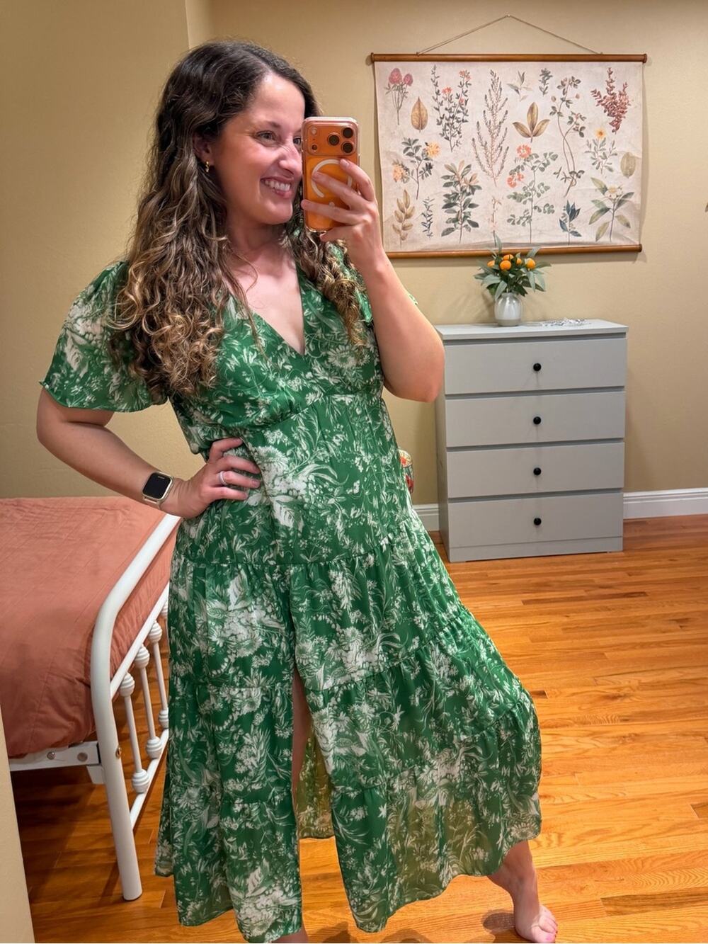 Abercrombie Green Floral V-Neck Tiered Maxi Dress Medium